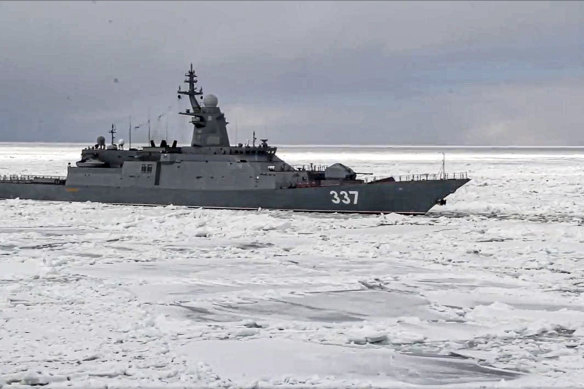 A detachment of warships of the Pacific Fleet passes through ice fields in La Perouse Strait from the Sea of Japan to the Sea of Okhotsk. The Russian military has launched a series of drills amid tensions with the West over Ukraine. 