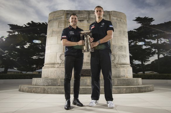 Essendon captain Zach Merrett and Collingwood counterpart Darcy Moore ahead of the Anzac Day blockbuster.