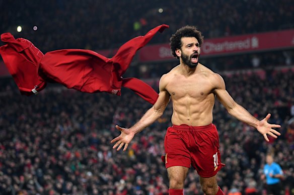Mo Salah after scoring Liverpool’s second goal against Manchester United at Anfield on January 19, 2020, putting the Reds 25 points clear at the Premier League summit.