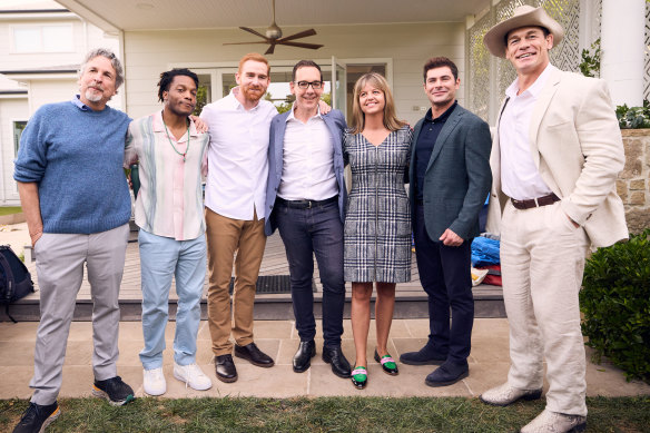 On the set of Ricky Stanicky (l-r): Director Peter Farrelly, Jermaine Fowler, Andrew Santino, creative industries minister Steve Dimopolous, VicScreen chief Caroline Pitcher, Zac Efron and John Cena.