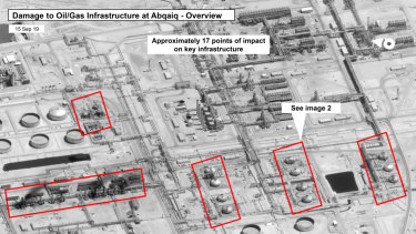 This US government and DigitalGlobe  satellite photo taken on Sunday purports to show damage to the infrastructure at Saudi Aramco's Abaqaiq oil processing facility in Buqyaq, Saudi Arabia.