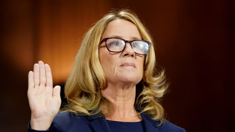 Christine Blasey Ford is sworn in during a Senate Judiciary Committee hearing in Washington, DC, on Thursday, September 27, 2018. 