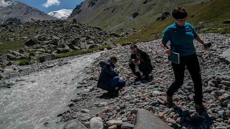 Maria Shahgedanova, a glaciologist at the University of Reading in England, and fellow researchers analyse water samples in a stream. 
