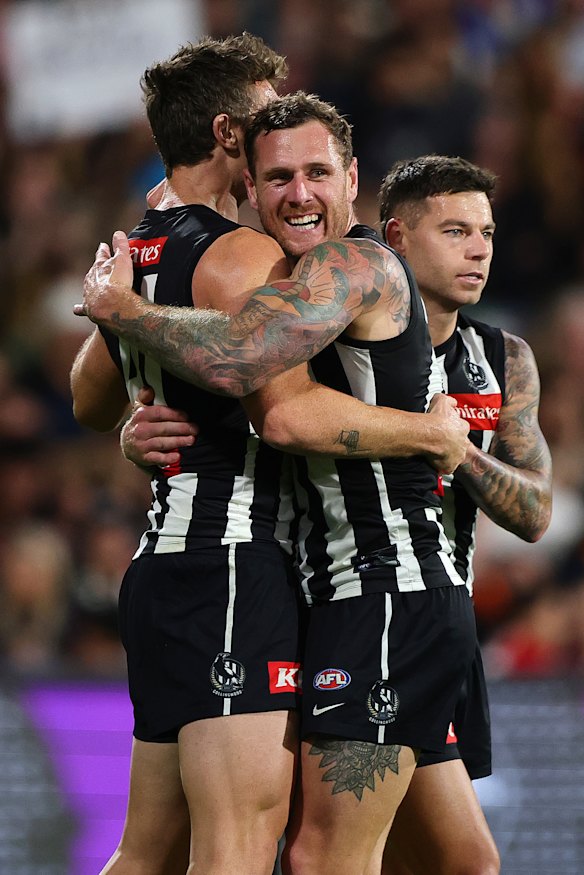 Brody Mihocek, Tim Membrey and Jamie Elliott are helping form a deadly Collingwood forward line.