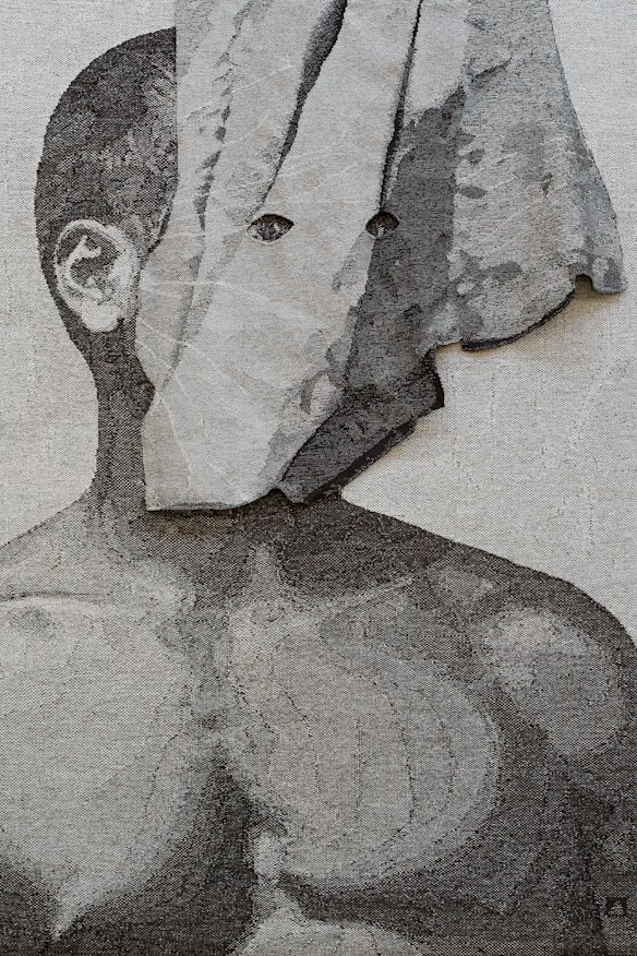 Catching Breath, 2014, (detail) Brook Andrew, woven by Chris Cochius, Pamela Joyce, Milena Paplinska, 1.9 x 1.5m, wool, cotton, Lurex. Currently on loan to the Australian High Commission, Singapore. 