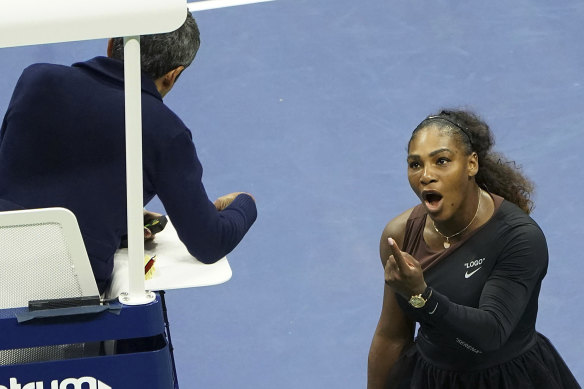 Serena Williams argues with the chair umpire during the US Open in 2018.