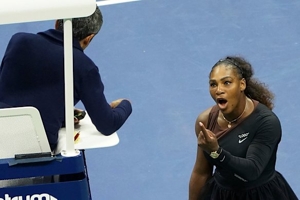 Serena Williams argues with the chair umpire during the US Open in 2018.