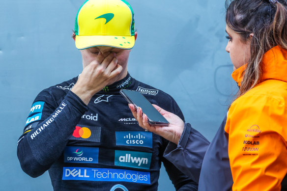 Melbourne’s Oscar Piastri was left heartbroken after spinning off in the race’s closing stages.