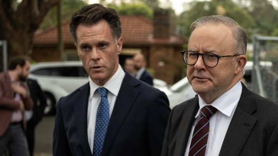 NSW Premier Chris Minns (left) and Prime Minister Anthony Albanese spoke in south Sydney this morning.