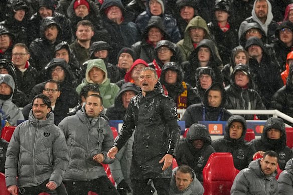 PSG’s head coach Luis Enrique, centre, reacts during the Champions League quarterfinal second leg soccer match between Liverpool and Paris Saint-Germain in Liverpool, England, Tuesday, April 14, 2026. 