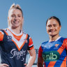 Tarryn Aiken of the Roosters and Nita Maynard ahead of their NRLW season opener in Newcastle on Thursday night.