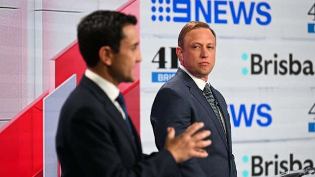 Queensland’s Labor Premier Steven Miles (right), and LNP Opposition Leader David Crisafulli during their first state election debate at Nine studios in Brisbane on October 3.