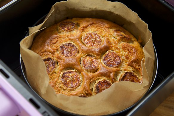 Save a few slices of banana to decorate the top of this air fryer banana cake.