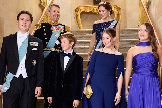 Crown Prince Frederik and Crown Princess Mary with their children Prince Christian, Princess Isabella, Princess Josephine and Prince Vincent on Sunday October 15 2023 inside Frederik VIII's Palace at Amalienborg in Copenhagen.