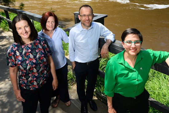 Victorian Greens MP Ellen Sandell, Yarra riverkeeper Charlotte Sterrett, federal Greens MP Adam Bandt and Richmond hopeful Gabrielle de Vietri.