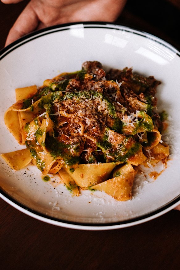 Wild venison ragu on pappardelle with pecorino and salsa verde.