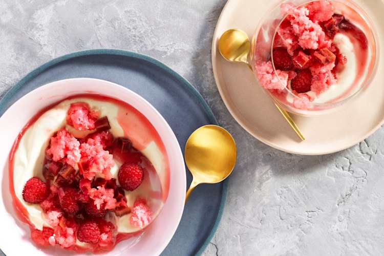 Poached rhubarb, raspberries, yoghurt and rose granita.