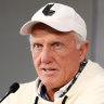 Greg Norman talks to the media before the LIV Golf event in Adelaide.