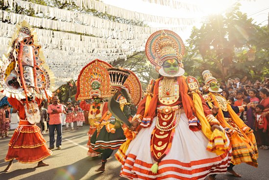 Traditional Kathakali dance on New Year carnival in Fort Kochi, Kerala, India. 