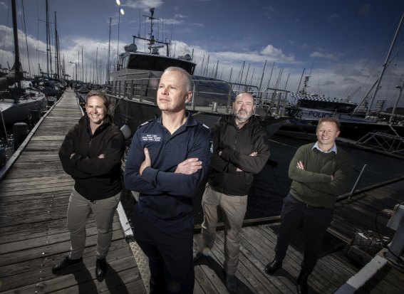 Detective Leading Senior Constable Madeleine McDonald, Acting Senior Sergeant Brett Colley, Leading Senior Constable Andrew Allen and Detective Acting Sergeant Chris Obst from the water police.