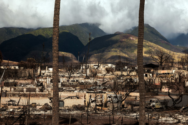 The wreckage of a neighborhood destroyed by last week’s wildfire in Lahaina, on the Hawaiian island of Maui.