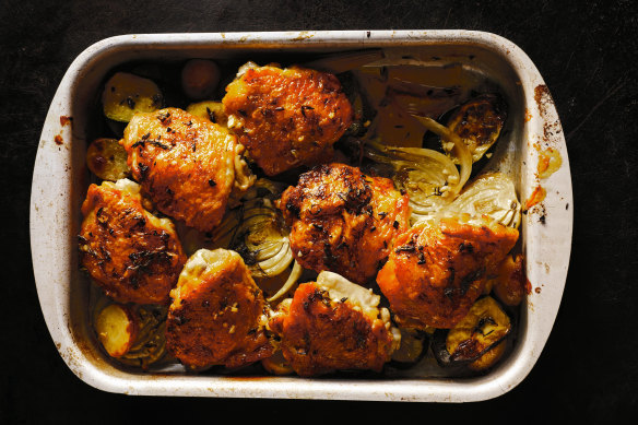 Chicken, lemon and garlic tray bake.