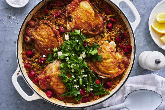 A one pan wonder full of vegetables, protein and rice