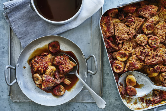 Vietnamese banana bread
pudding with coconut caramel
sauce.