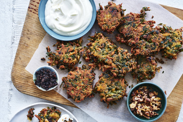 Herb, spinach, halloumi, walnut and barberry fritters.