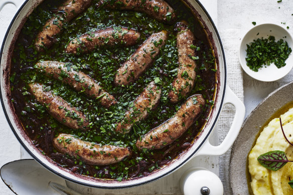 Adam Liaw’s sausages braised in red wine with herbs