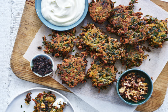 Herb, spinach, halloumi, walnut and barberry fritters.