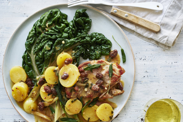 Lemony pork neck steaks with sultanas and mustard.