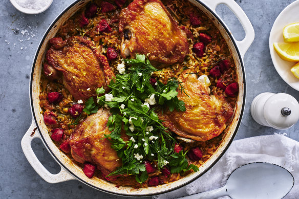 Chicken, chorizo and rice bake with dill and feta herb salad