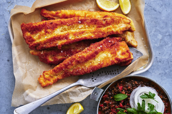 Crumbed flake with roasted tomato, black barley and herb salad