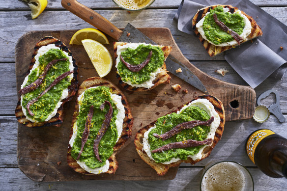 Pea, ricotta and anchovy bruschetta