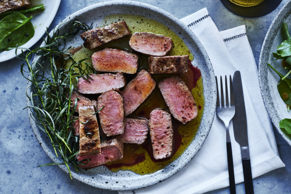 Lamb backstraps with rosemary butter.