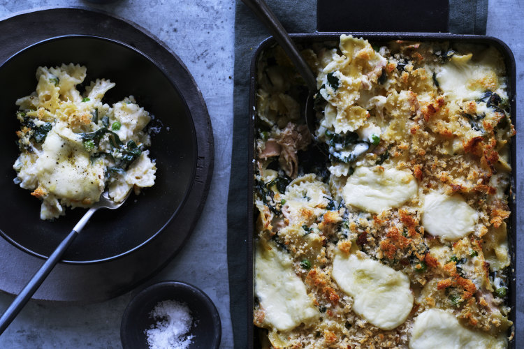 Karen Martini’s baked farfalle with tuna, silverbeet, stracciatella and peas.