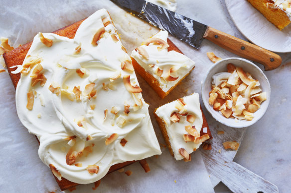 Helen Goh’s pudding-like Brazilian-inspired carrot cake topped with coconut cream.
