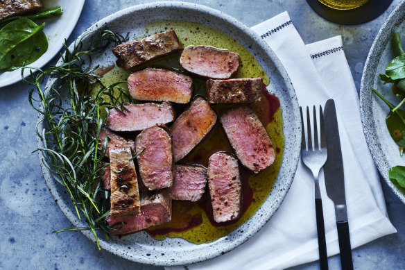 Lamb backstraps with rosemary butter.