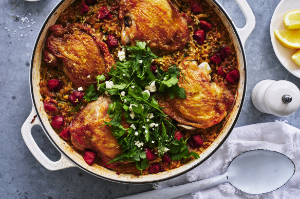 A one pan wonder full of vegetables, protein and rice