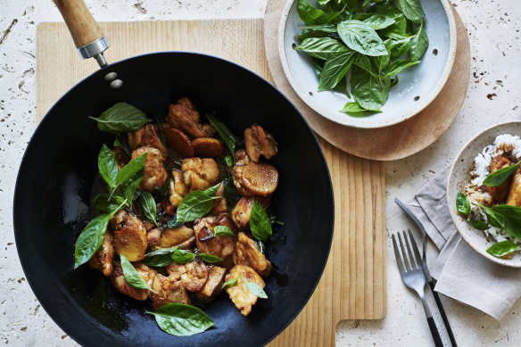 Fragrant Thai basil leaves make this simple chicken stir-fry irresistible.