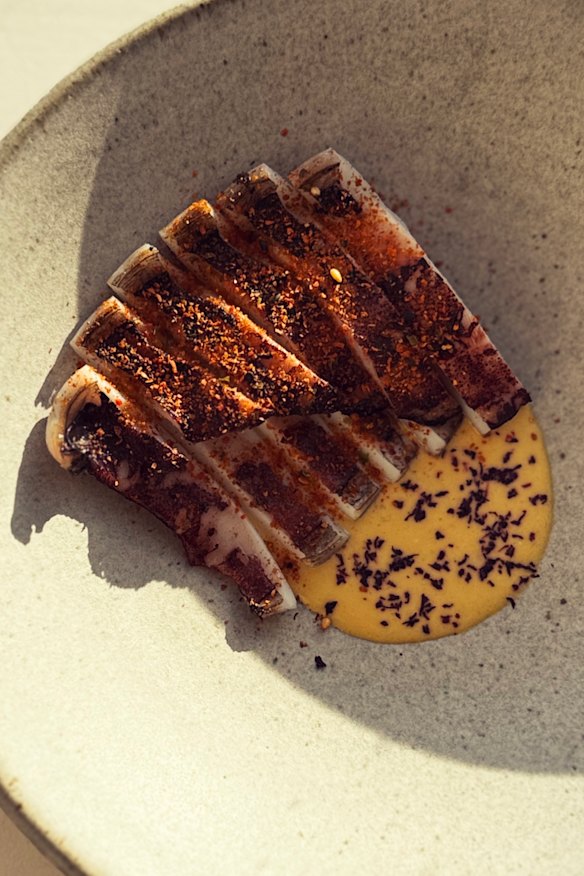 Scholé’s grilled southern calamari, hemp, Meyer lemon cream, espelette pepper.