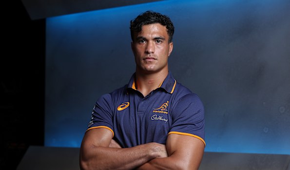 SYDNEY, AUSTRALIA - APRIL 09: Joseph-Aukuso Suaalii poses during a media opportunity at Nine HQ to announce a new broadcast deal between Rugby Australia and Nine, on April 09, 2025 in Sydney, Australia. (Photo by Mark Metcalfe/Getty Images)