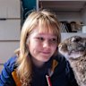 Coburg High School student Florence Nichols, and her rabbit Quincy, studying for her vocational major VCE. 