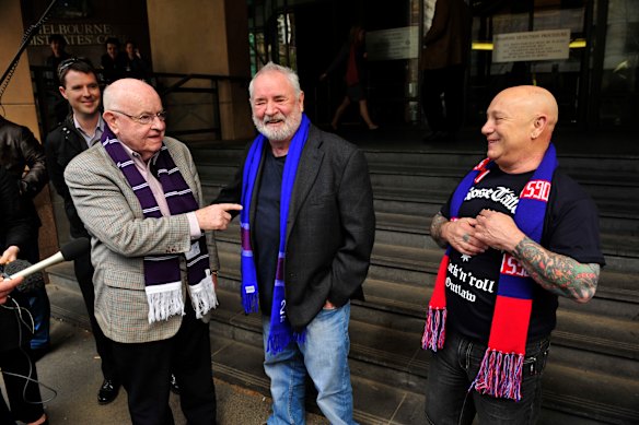 Father Bob Maguire, Twentyman and Angry Anderson on the steps of the Magistrates Court calling for an end to the knife culture developing among young people in Melbourne.