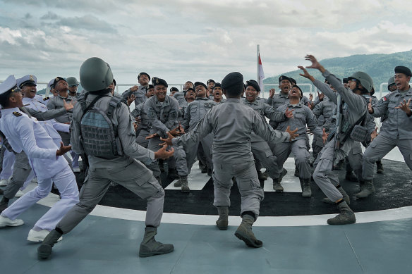 The crew of an Indonesian Maritime Security (Bakamla) boat prepare for a patrol of the North Natuna Sea.