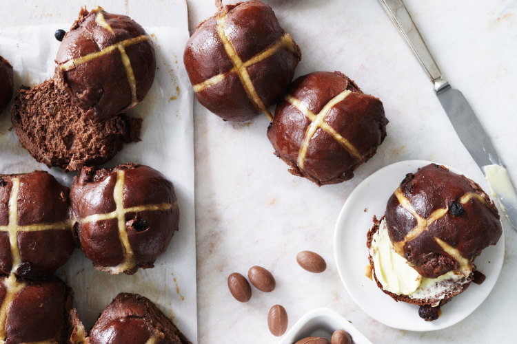 Chocolate hot cross buns with sugar glaze. Styling by Hannah Meppem.