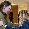 Cecilia Sala, left, an Italian journalist who was detained on Dec. 19 as she was reporting in Iran, is welcomed by Italian Premier Giorgia Meloni as she landed at Rome’ Ciampino airport after being released.