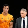 Joseph-Aukuso Suaalii of the Wallabies and Joe Schmidt head coach of the Wallabies during the second test of the series between Australia Wallabies and British & Irish Lions at the Melbourne Cricket Ground on July 26, 2025 in Melbourne, Australia. (Photo by Hannah Peters/Getty Images)