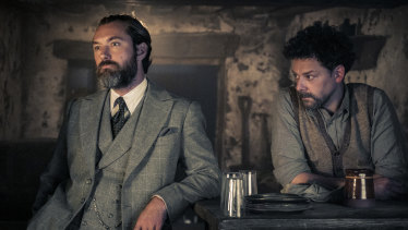 Jude Law (left) stars as a young Albus Dumbledore, with Richard Coyle as Aberforth, in Fantastic Beasts: The Secrets of Dumbledore.